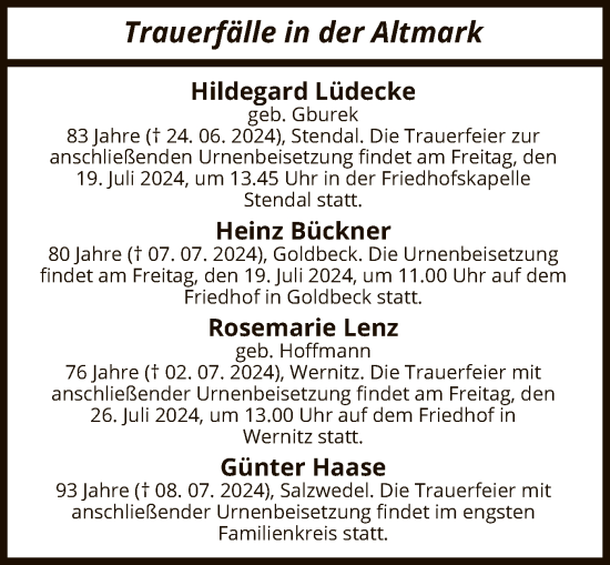 Todesanzeige von Totentafel vom 13.07.2024 von UEL