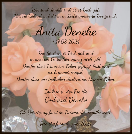 Todesanzeige von Anita Deneke von UEL