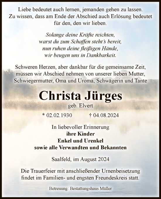 Todesanzeige von Christa Jürges von UEL