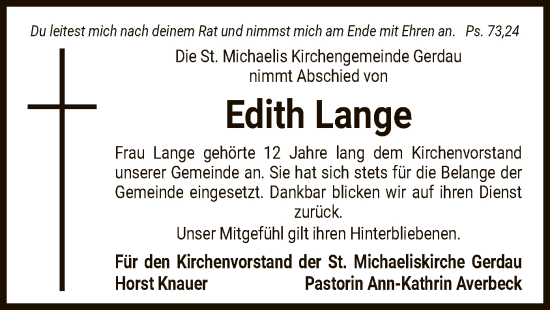 Todesanzeige von Edith Lange von UEL