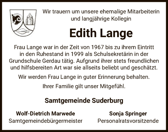 Todesanzeige von Edith Lange von UEL