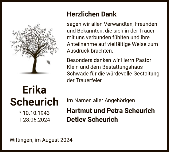 Todesanzeige von Erika Scheurich von UEL