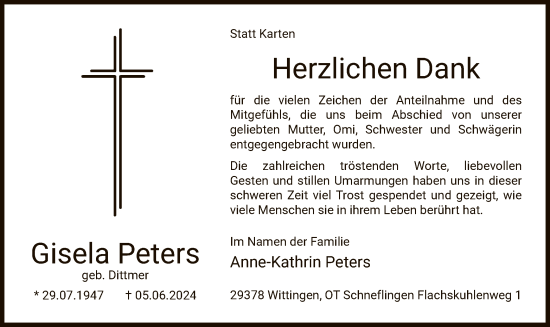Todesanzeige von Gisela Peters von UEL