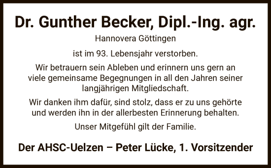 Todesanzeige von Gunther Becker von UEL