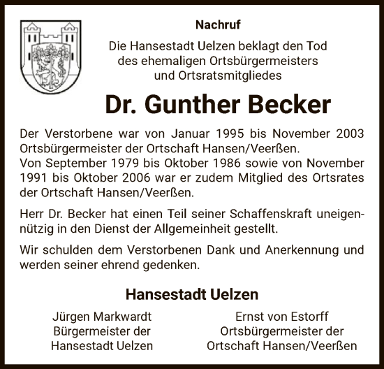 Todesanzeige von Gunther Becker von UEL