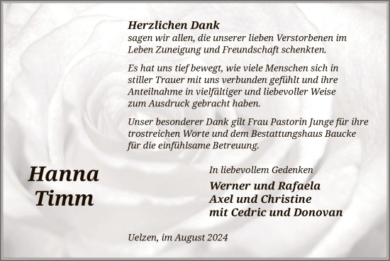 Todesanzeige von Hanna Timm von UEL