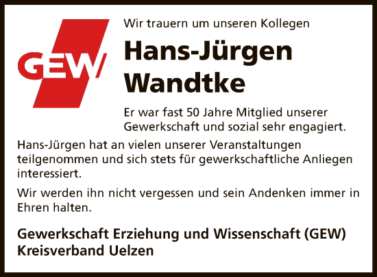 Todesanzeige von Hans-Jürgen Wandtke von UEL