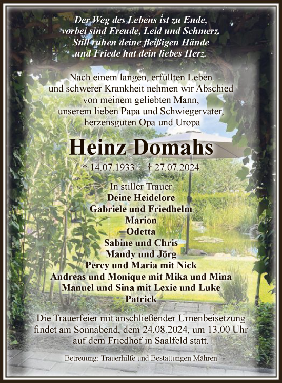 Todesanzeige von Heinz Domahs von UEL