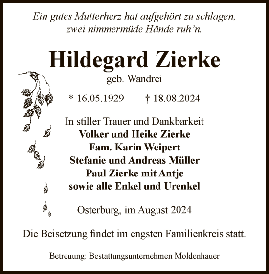 Todesanzeige von Hildegard Zierke von UEL