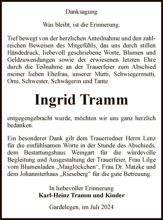 Todesanzeige von Ingrid Tramm von UEL
