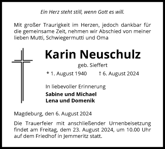Todesanzeige von Karin Neuschulz von UEL