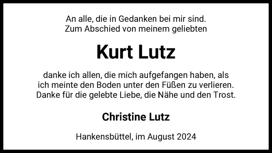 Todesanzeige von Kurt Lutz von UEL