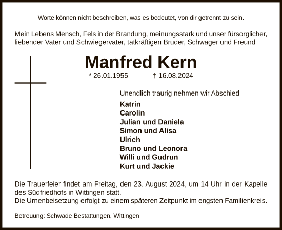 Todesanzeige von Manfred Kern von UEL