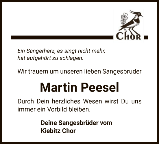 Todesanzeige von Martin Peesel von UEL