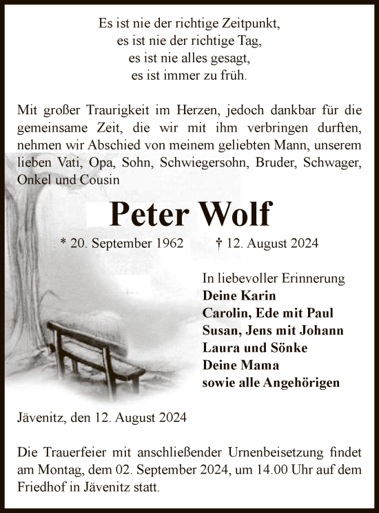 Todesanzeige von Peter Wolf von UEL