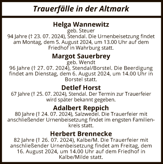Todesanzeige von Sterbetafel vom 02.08.2024 von UEL