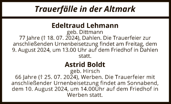 Todesanzeige von Totentafel vom 03.08.2024 von UEL