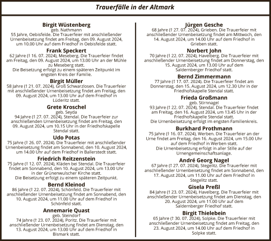 Todesanzeige von Totentafel vom 07.08.2024 von UEL