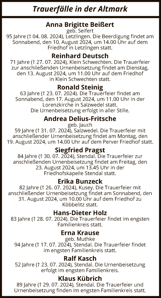 Todesanzeige von Totentafel vom 08.08.2024 von UEL