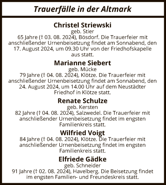 Todesanzeige von Totentafel vom 09.08.2024 von UEL