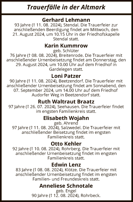 Todesanzeige von Totentafel vom 16.08.2024 von UEL