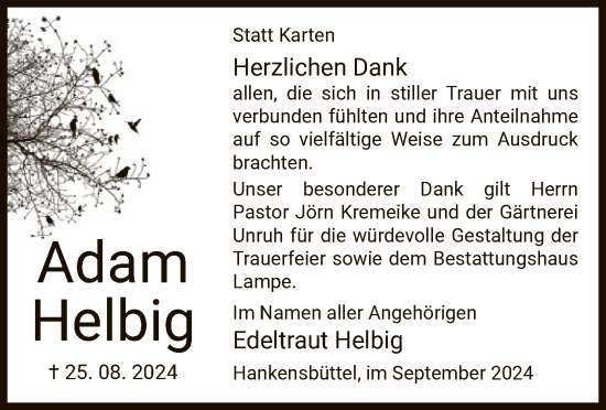 Todesanzeige von Adam Helbig von UEL