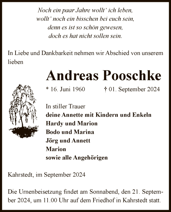 Todesanzeige von Andreas Pooschke von UEL