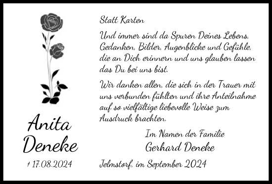Todesanzeige von Anita Deneke von UEL