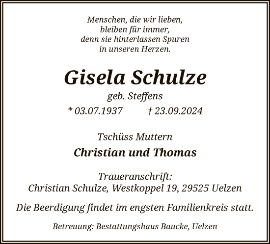 Todesanzeige von Gisela Schulze von UEL