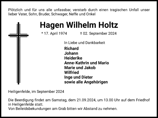 Todesanzeige von Hagen Wilhelm Holtz von UEL