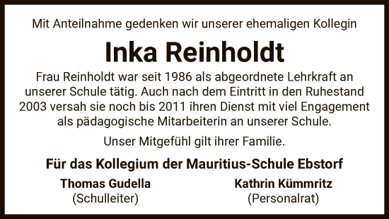 Todesanzeige von Inka Reinholdt von UEL