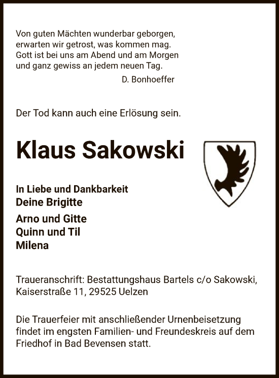 Todesanzeige von Klaus Sakowski von UEL