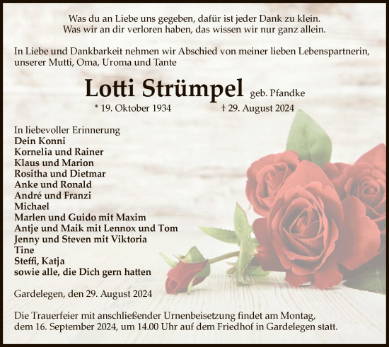 Todesanzeige von Lotti Strümpel von UEL