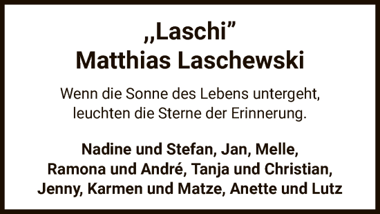 Todesanzeige von Matthias Laschewski von UEL