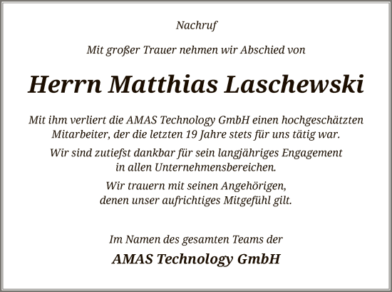 Todesanzeige von Matthias Laschewski von UEL