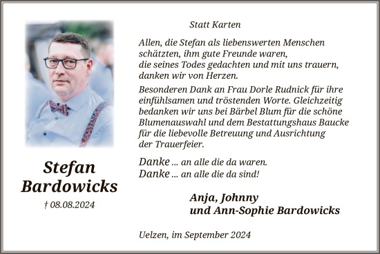 Todesanzeige von Stefan Bardowicks von UEL