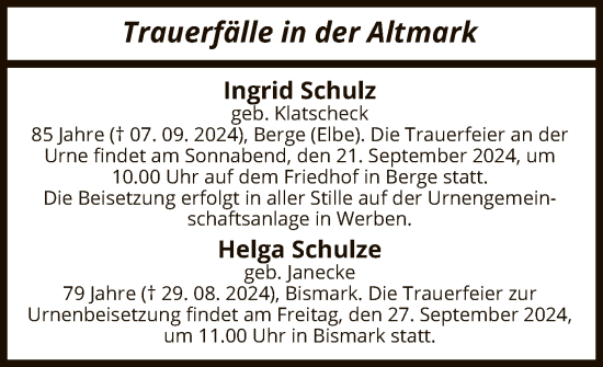 Todesanzeige von Trauerfälle in der Altmark von UEL