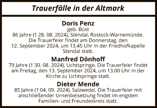 Todesanzeige von Trauerfälle in der Altmark von UEL