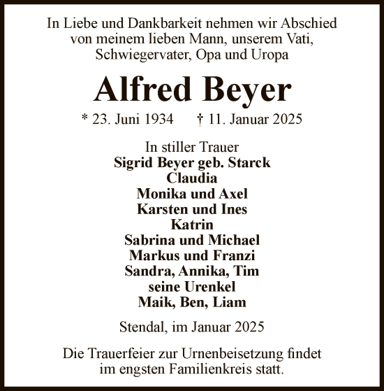 Todesanzeige von Alfred Beyer von UEL