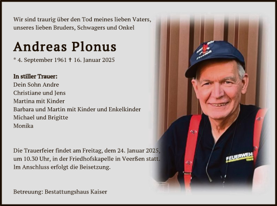 Todesanzeige von Andreas Plonus von UEL