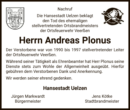 Todesanzeige von Andreas Plonus von UEL