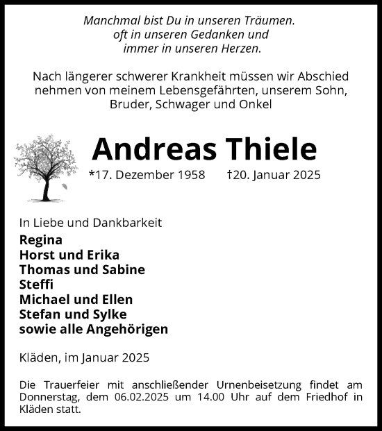 Todesanzeige von Andreas Thiele von UEL