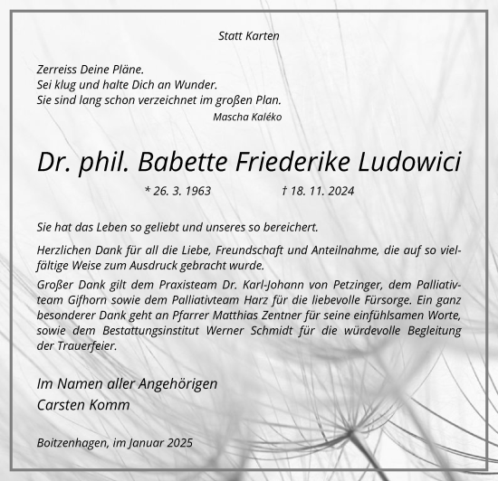 Todesanzeige von Babette Friederike Ludowici von UEL