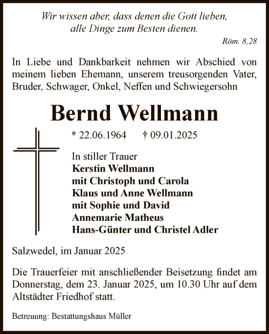 Todesanzeige von Bernd Wellmann von UEL