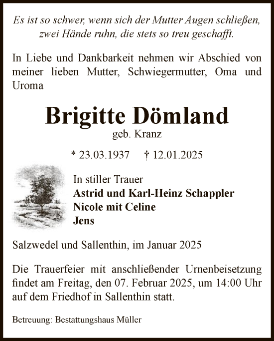 Todesanzeige von Brigitte Dömland von UEL