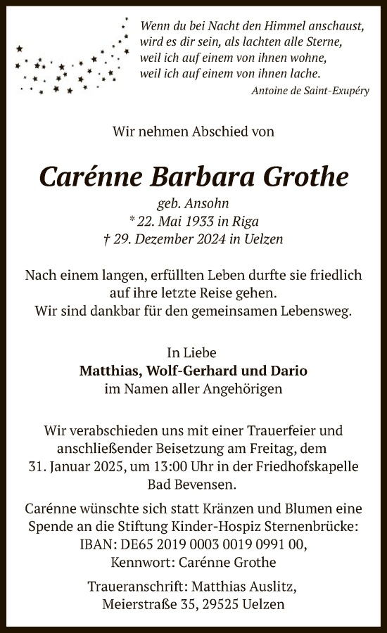 Todesanzeige von Carénne Barbara Grothe von UEL