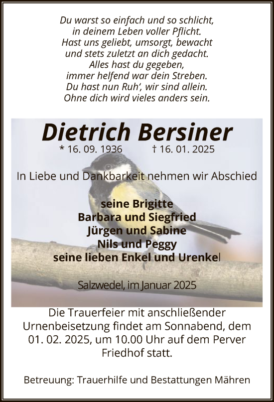 Todesanzeige von Dietrich Bersiner von UEL