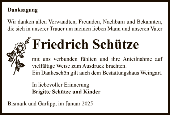 Todesanzeige von Friedrich Schütze von UEL