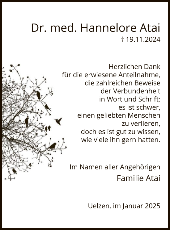 Todesanzeige von Hannelore Atai von UEL