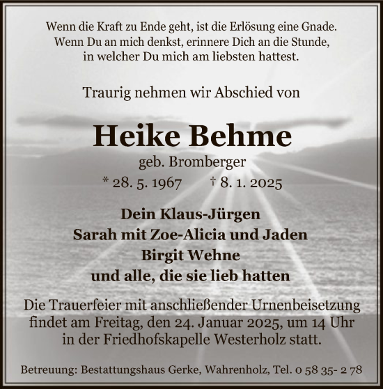 Todesanzeige von Heike Behme von UEL
